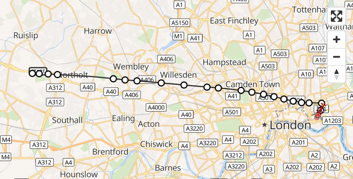 Flight route Air Ambulance Helicopter RAF Northolt - Royal London Hospital, 23 September 2026, 07:39