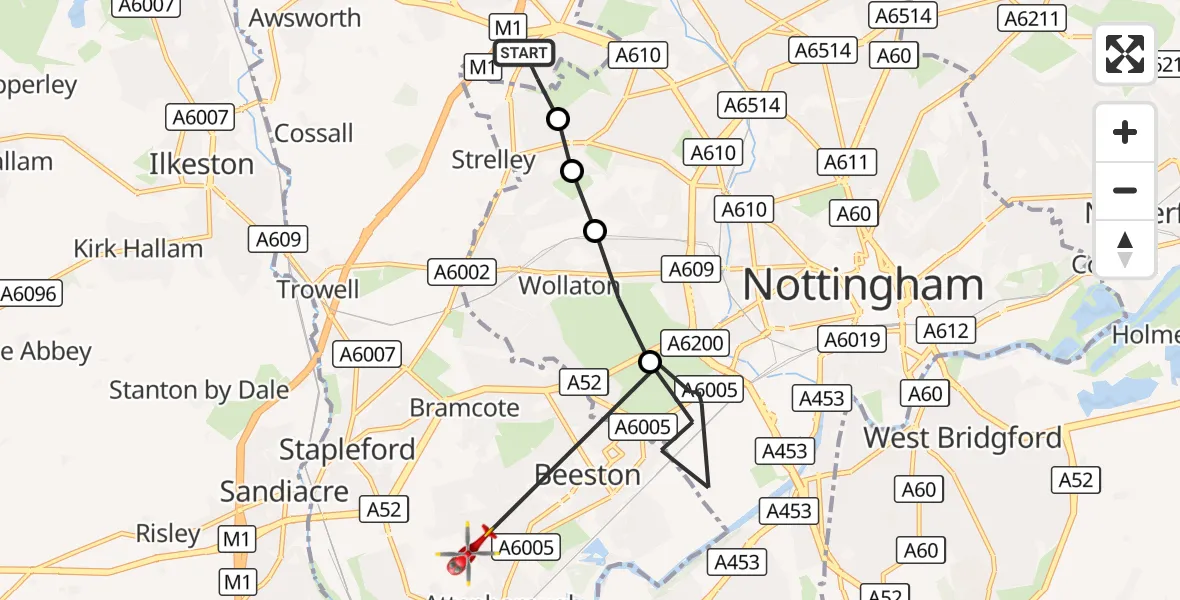 Flight route Air Ambulance Helicopter Nuthall - Attenborough, 23 September 2026, 08:21