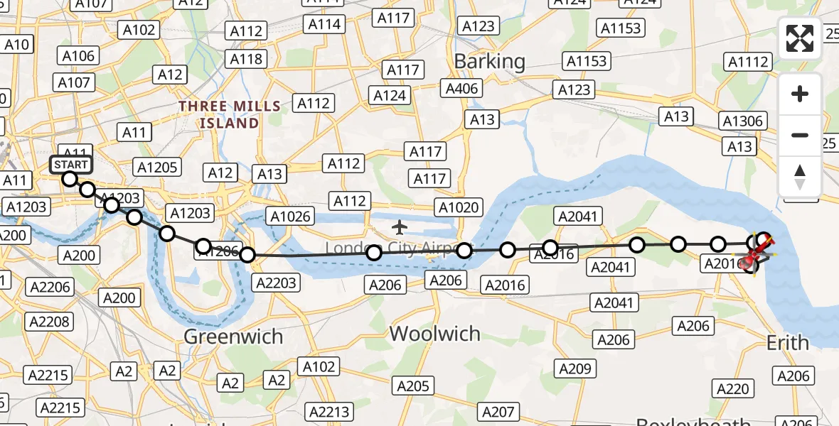 Flight route Air Ambulance Helicopter Royal London Hospital - London Borough of Bexley, 23 September 2026, 08:56