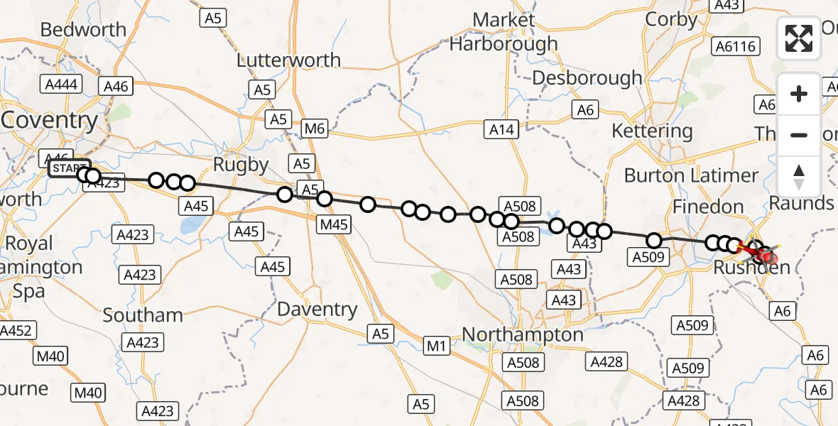 Flight route Air Ambulance Helicopter Coventry Airport - Higham Ferrers, 23 September 2026, 09:02