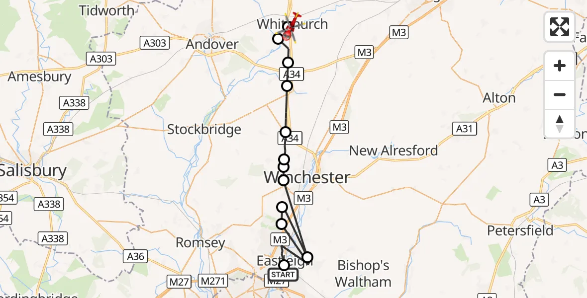 Flight route Air Ambulance Helicopter Southampton Airport - Whitchurch, 23 September 2026, 09:04