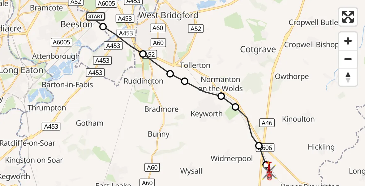 Flight route Air Ambulance Helicopter Beeston - Nottingham Heliport, 23 September 2026, 09:19