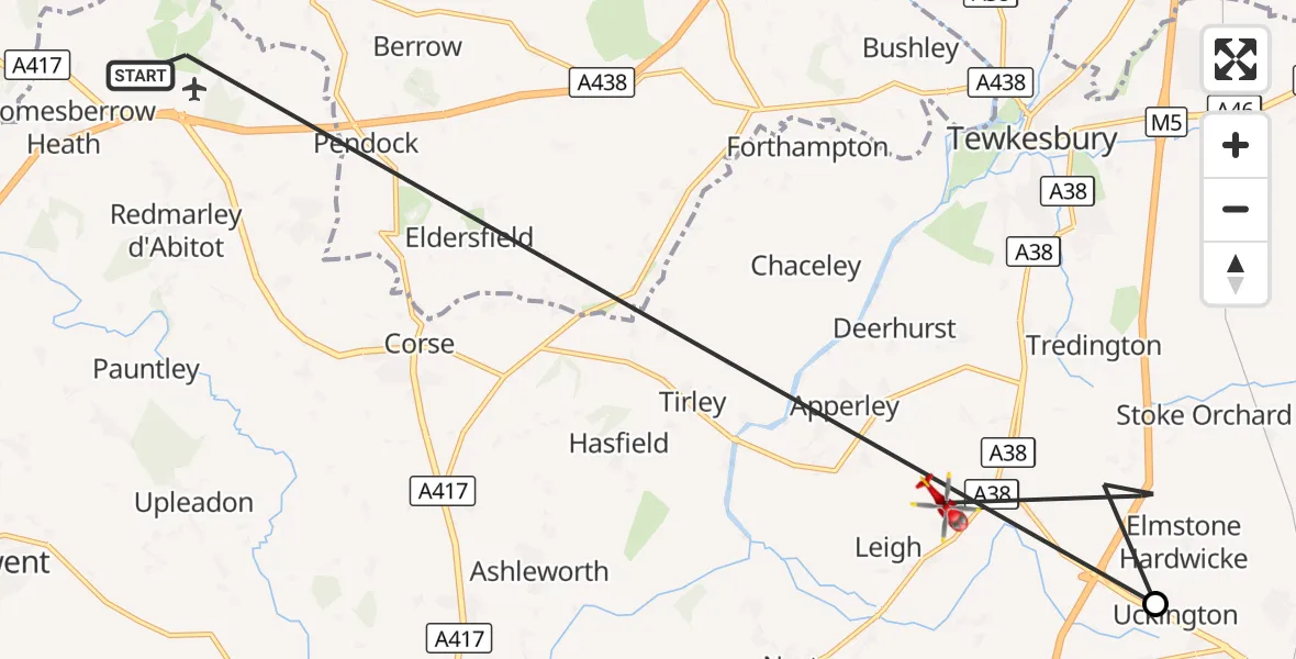 Flight route Air Ambulance Helicopter Bromsberrow - Tewkesbury, 23 September 2026, 09:25