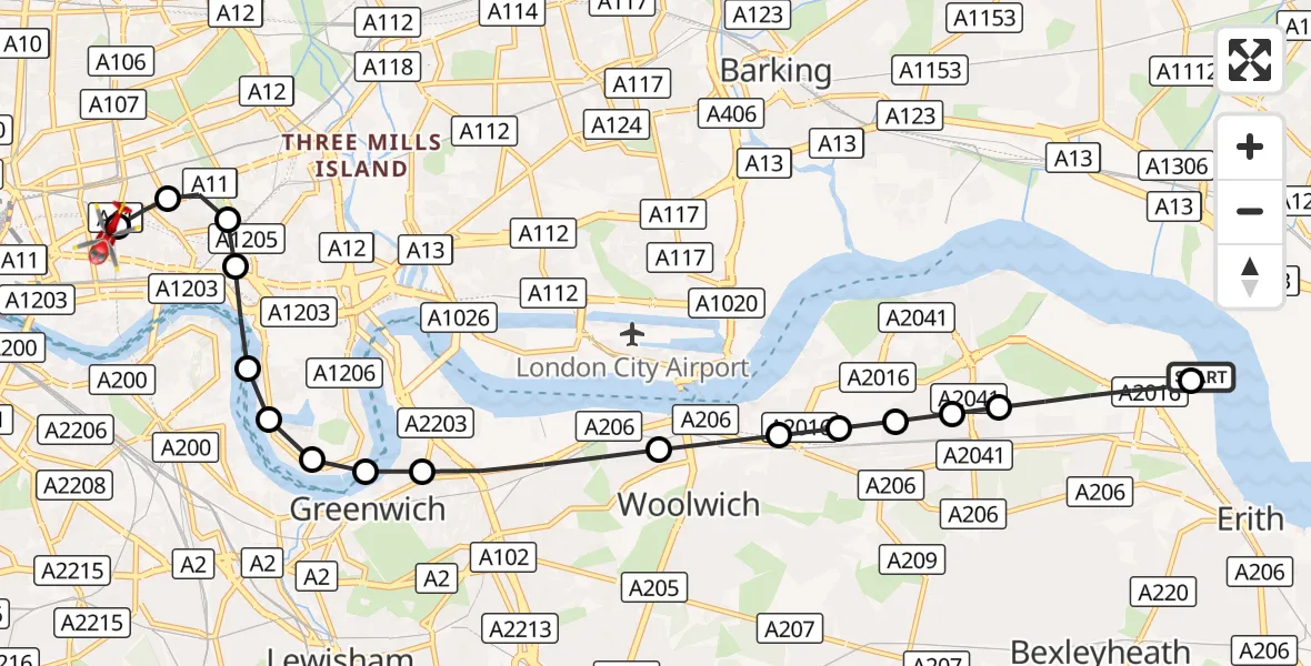 Flight route Air Ambulance Helicopter London Borough of Bexley - Royal London Hospital, 23 September 2026, 09:48