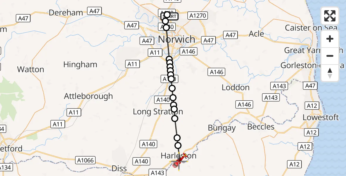 Flight route Air Ambulance Helicopter Norwich Airport - Harleston, 23 September 2026, 09:50