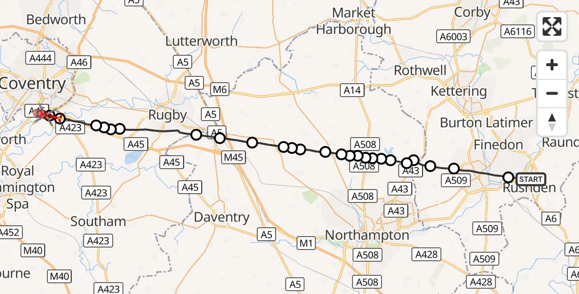 Flight route Air Ambulance Helicopter Rushden - Coventry Airport, 23 September 2026, 09:54