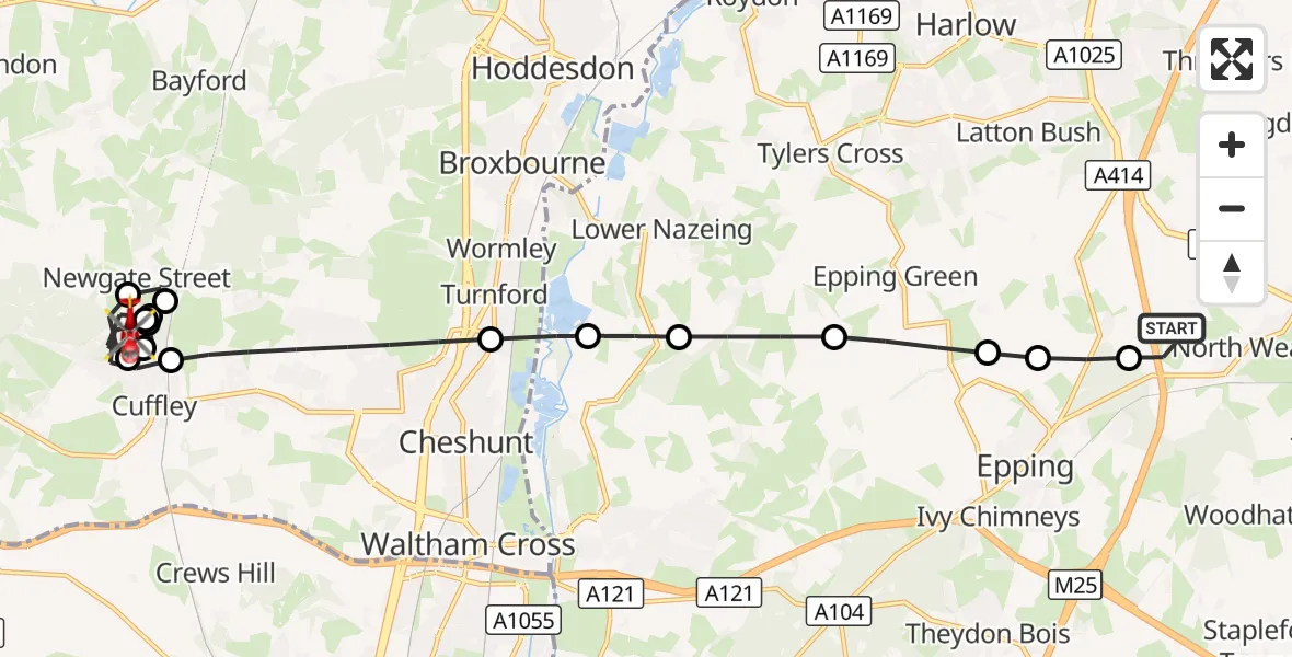 Flight route Air Ambulance Helicopter North Weald Airfield - Cuffley, 23 September 2026, 10:01