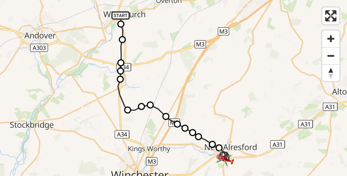 Flight route Air Ambulance Helicopter Whitchurch - New Alresford, 23 September 2026, 10:03