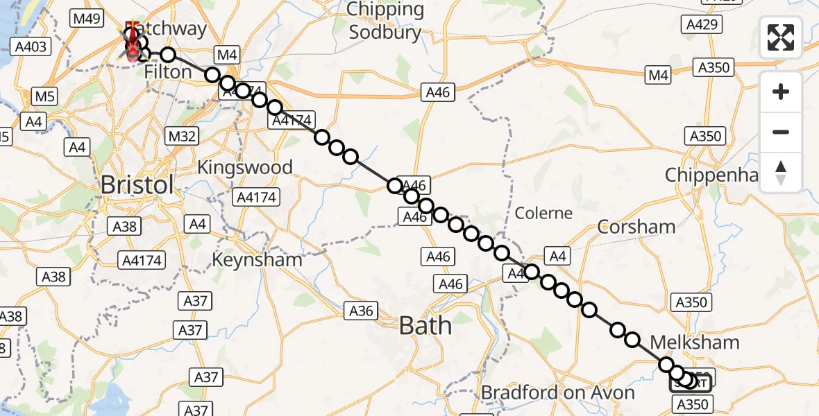 Flight route Air Ambulance Helicopter Wiltshire Air Ambulance - Easter Compton, 23 September 2026, 10:29