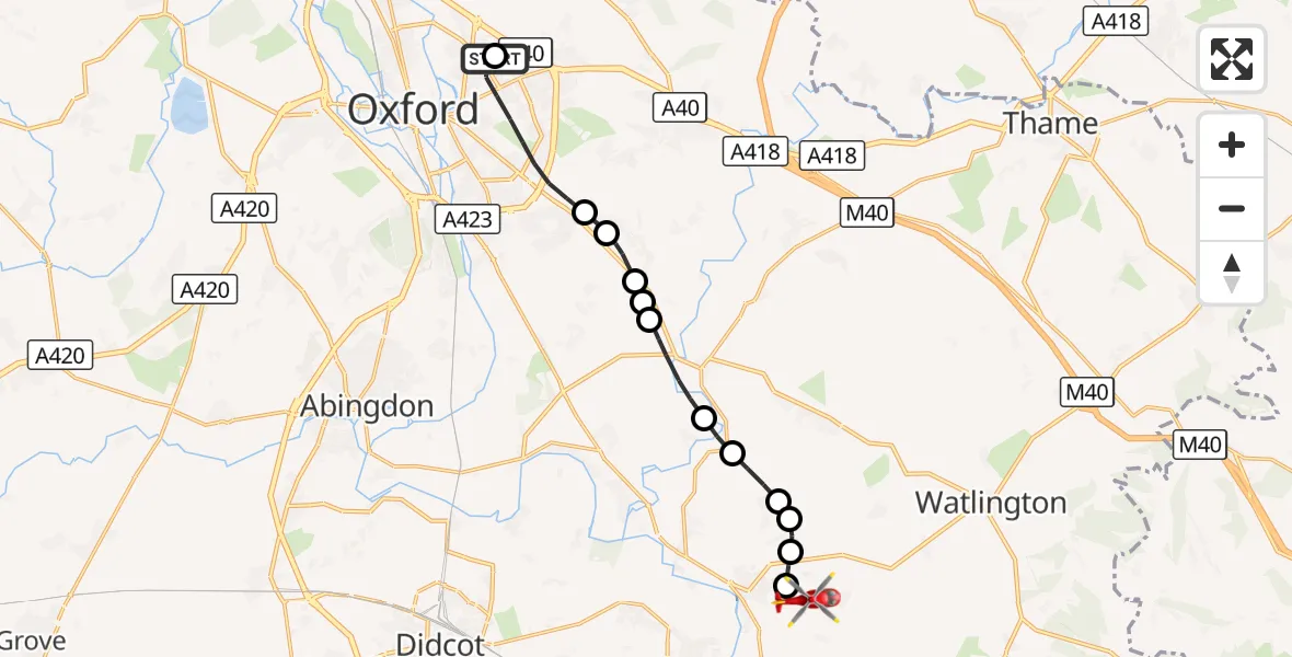 Flight route Air Ambulance Helicopter John Radcliffe Hospital - RAF Benson, 23 September 2026, 10:47