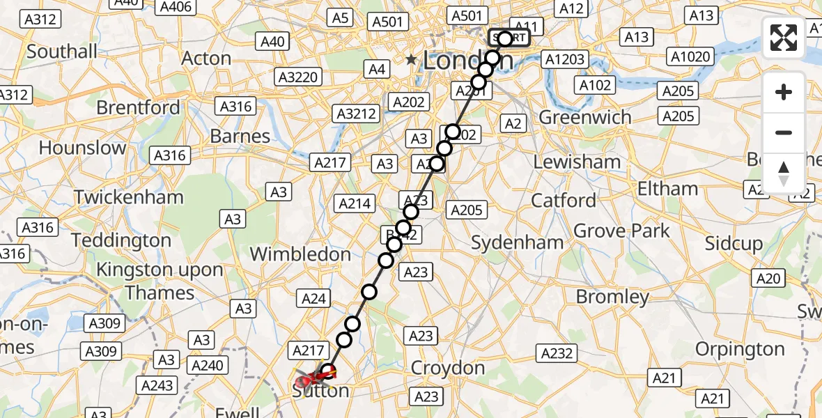 Flight route Air Ambulance Helicopter Royal London Hospital - Benhilton, 23 September 2026, 10:53