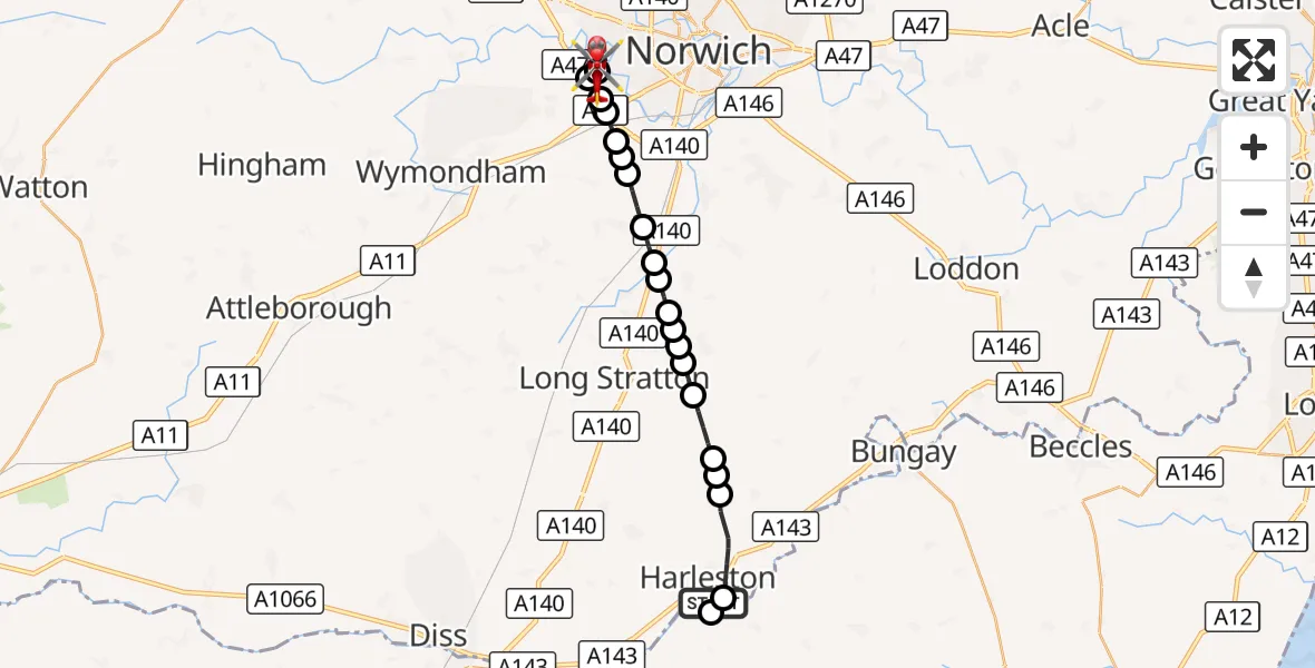 Flight route Air Ambulance Helicopter Harleston - Norfolk & Norwich Hospital, 23 September 2026, 10:59