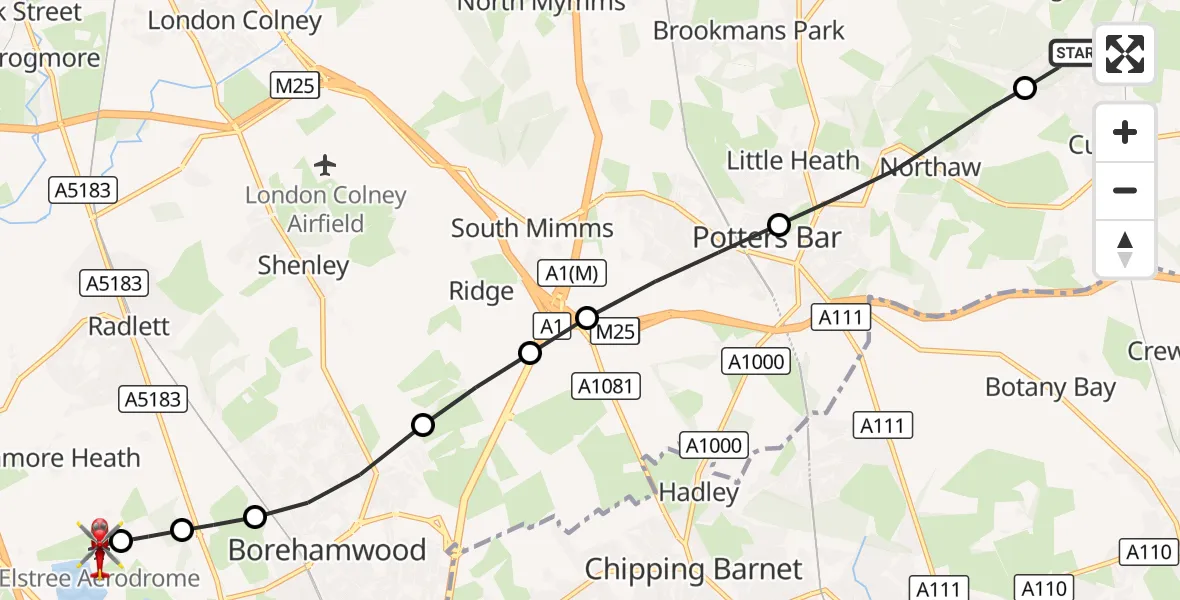 Flight route Air Ambulance Helicopter Cuffley - Elstree Airfield, 23 September 2026, 11:24