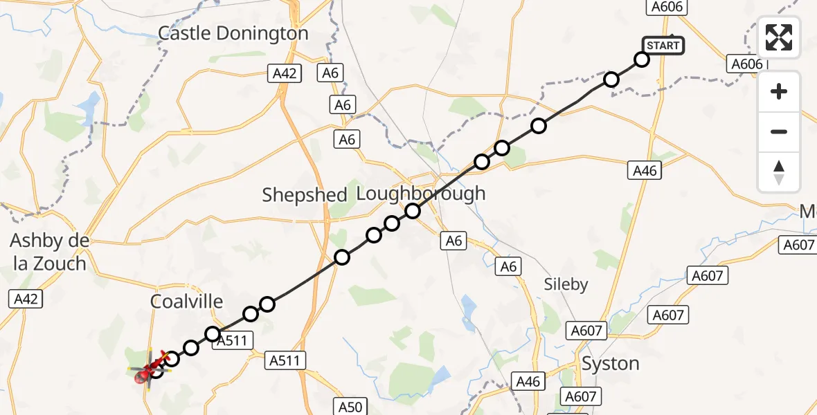 Flight route Air Ambulance Helicopter Nottingham Heliport - Ibstock, 23 September 2026, 11:28