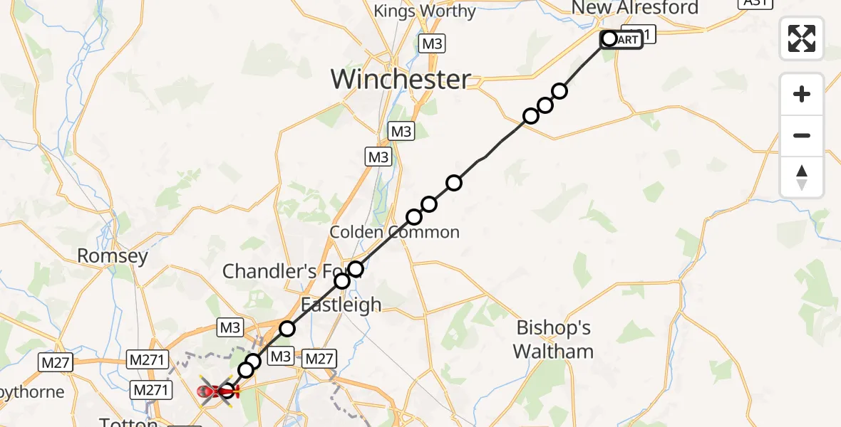 Flight route Air Ambulance Helicopter New Alresford - Shirley, 23 September 2026, 11:31