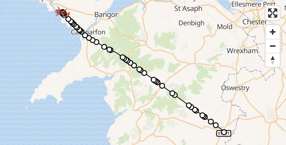 Flight route Air Ambulance Helicopter Welshpool Airport - Rhosneigr, 23 September 2026, 11:56
