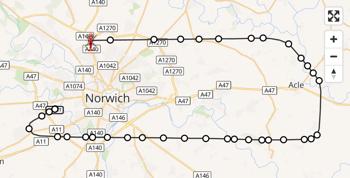Flight route Air Ambulance Helicopter Norfolk & Norwich Hospital - Norwich Airport, 23 September 2026, 12:09