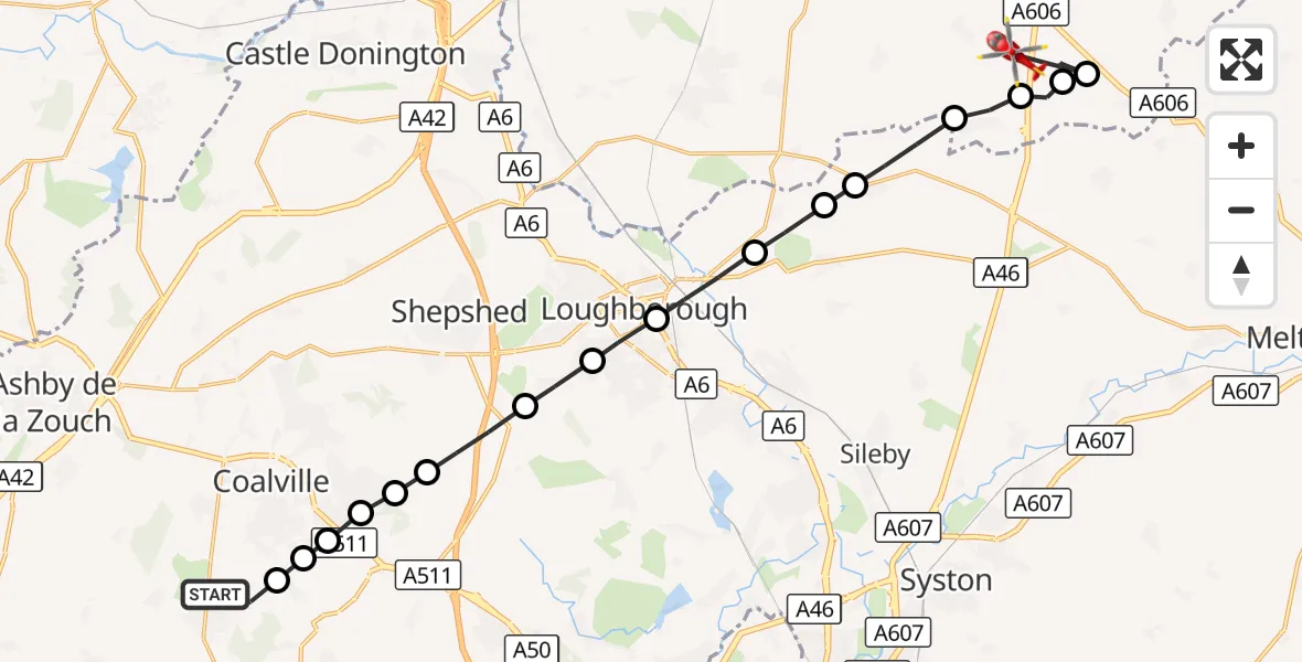 Flight route Air Ambulance Helicopter Ibstock - Widmerpool, 23 September 2026, 12:12
