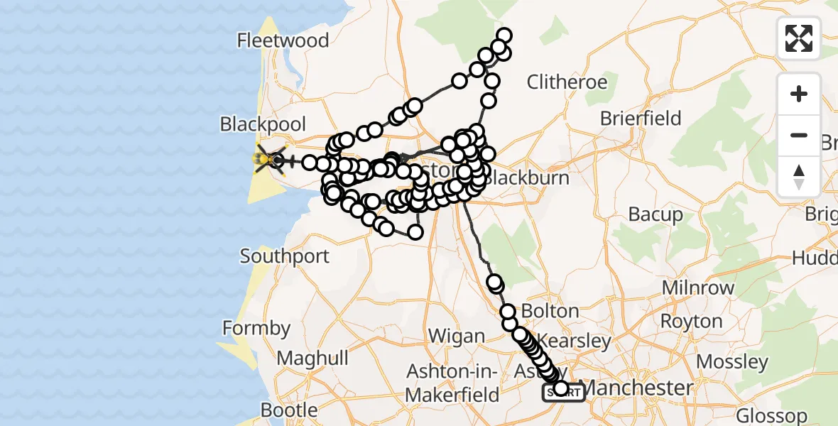 Flight route Police Helicopter Manchester Barton Aerodrome - Blackpool Airport, 23 September 2026, 12:12