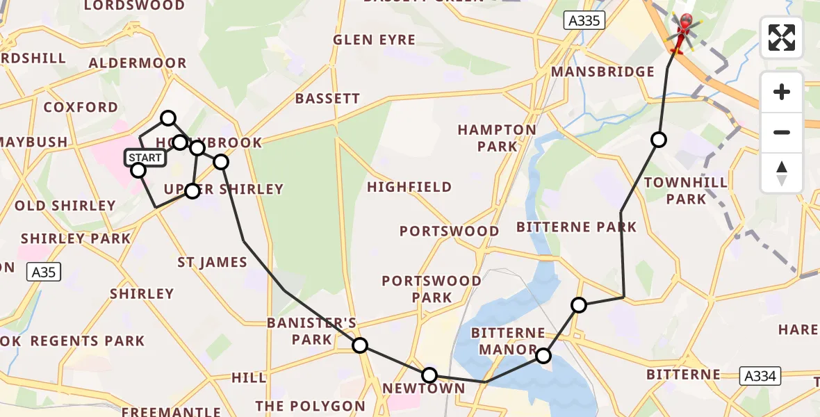 Flight route Air Ambulance Helicopter University Hospital Southampton - Southampton Airport, 23 September 2026, 12:29