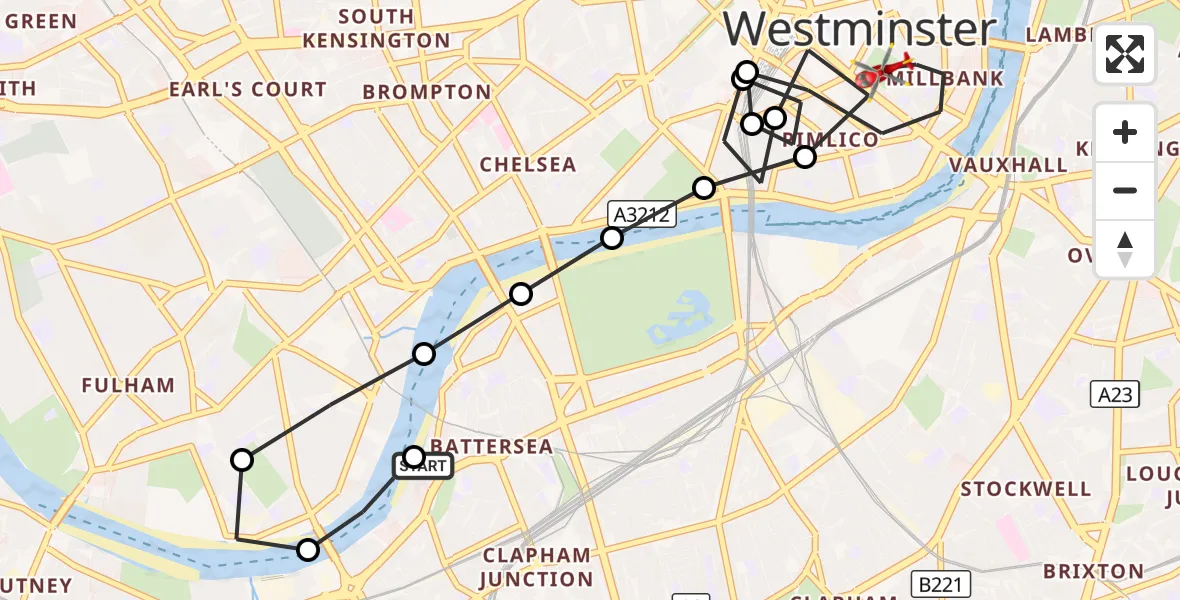 Flight route Air Ambulance Helicopter London Heliport - City of Westminster, 23 September 2026, 12:32