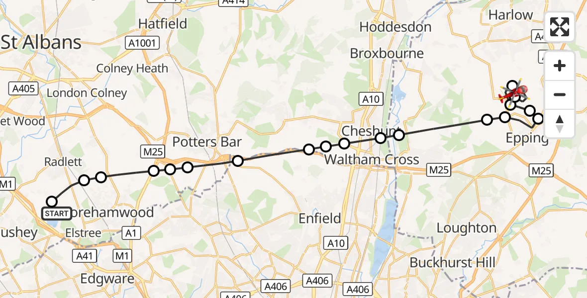 Flight route Air Ambulance Helicopter Elstree Airfield - Epping Green, 23 September 2026, 12:44
