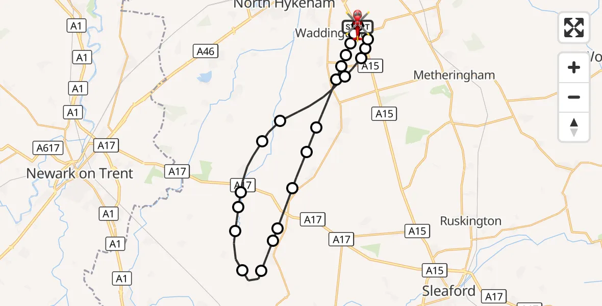 Flight route Air Ambulance Helicopter RAF Waddington - North Kesteven, 23 September 2026, 12:49