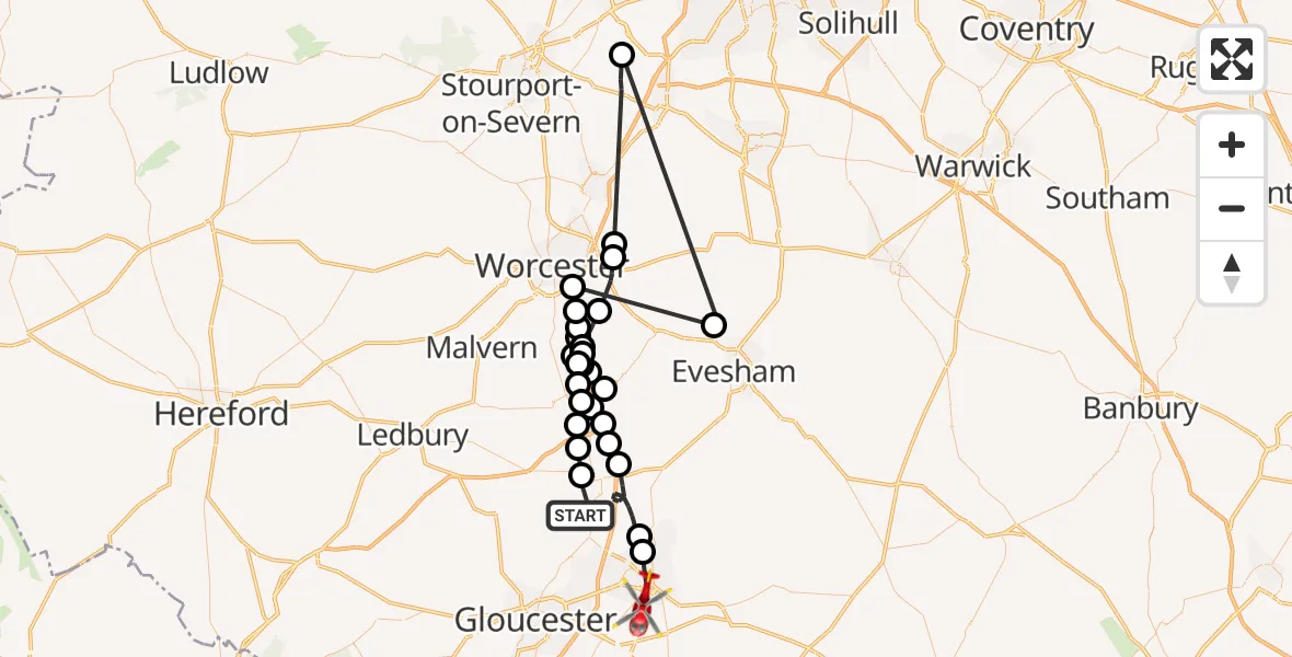 Flight route Air Ambulance Helicopter Tewkesbury - Cheltenham, 23 September 2026, 13:00