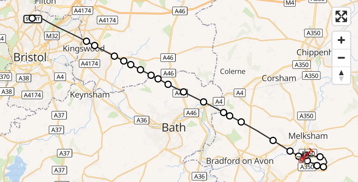 Flight route Air Ambulance Helicopter Southmead Hospital - Wiltshire Air Ambulance, 23 September 2026, 13:09