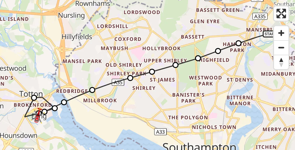 Flight route Air Ambulance Helicopter Mansbridge - Eling, 23 September 2026, 13:10