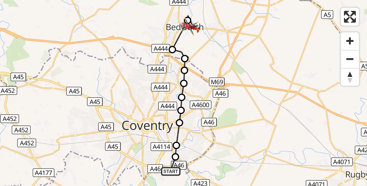 Flight route Air Ambulance Helicopter Coventry Airport - Bedworth, 23 September 2026, 13:30
