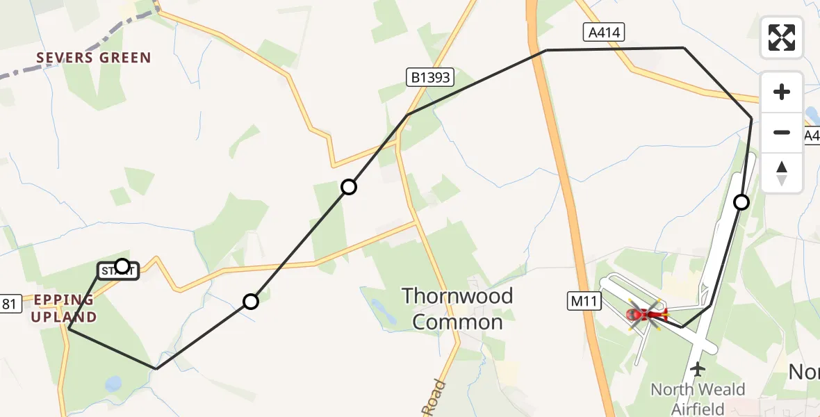Flight route Air Ambulance Helicopter Thornwood Common - North Weald Airfield, 23 September 2026, 13:36