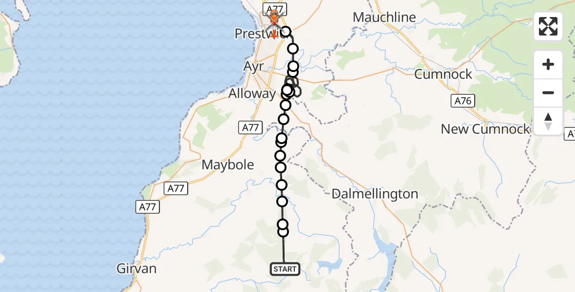Flight route Coastguard Helicopter South Ayrshire - Glasgow Prestwick Airport, 23 September 2026, 13:42