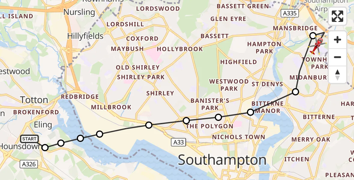 Flight route Air Ambulance Helicopter Hounsdown - Mansbridge, 23 September 2026, 13:48