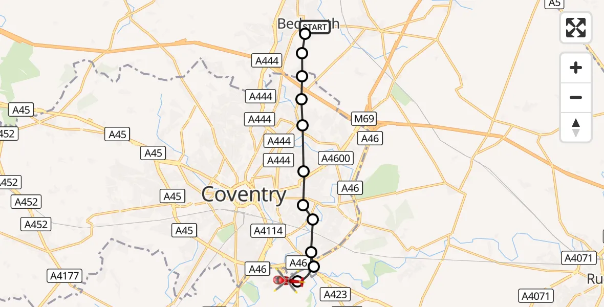Flight route Air Ambulance Helicopter Bedworth - Coventry Airport, 23 September 2026, 13:54