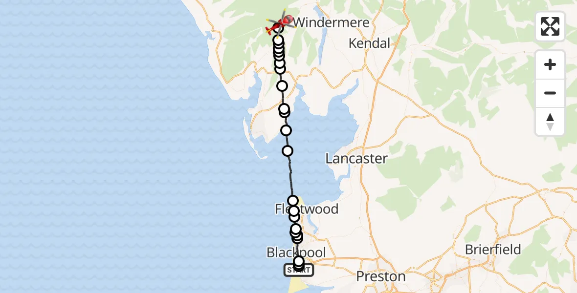 Flight route Air Ambulance Helicopter Blackpool Airport - Coniston, 23 September 2026, 13:57