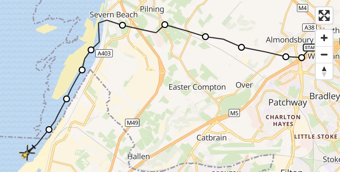 Flight route Police Helicopter Almondsbury Helicopter Base - Bristol, 23 September 2026, 14:00