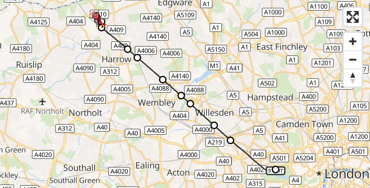 Flight route Air Ambulance Helicopter City of Westminster - Harrow Weald, 23 September 2026, 14:10