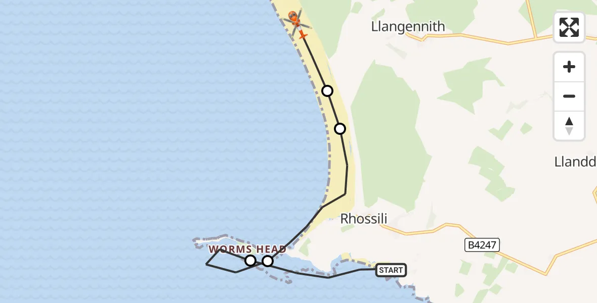 Flight route Coastguard Helicopter Rhossili - Llangennith, Llanmadoc and Cheriton, 23 September 2026, 14:14