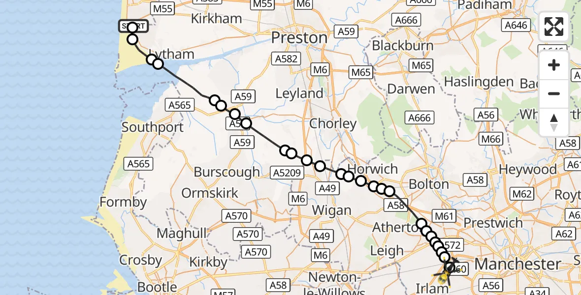 Flight route Police Helicopter Blackpool Airport - Manchester Barton Aerodrome, 23 September 2026, 14:21