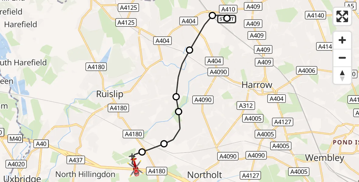 Flight route Air Ambulance Helicopter Hatch End - RAF Northolt, 23 September 2026, 14:44