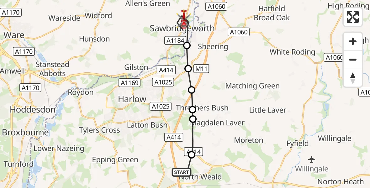 Flight route Air Ambulance Helicopter North Weald Airfield - Sawbridgeworth, 23 September 2026, 14:54