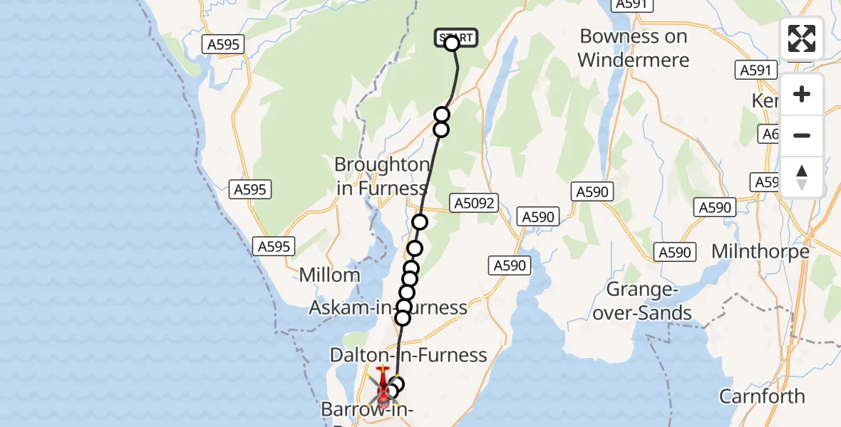 Flight route Air Ambulance Helicopter Coniston - Barrow in Furness General, 23 September 2026, 14:57