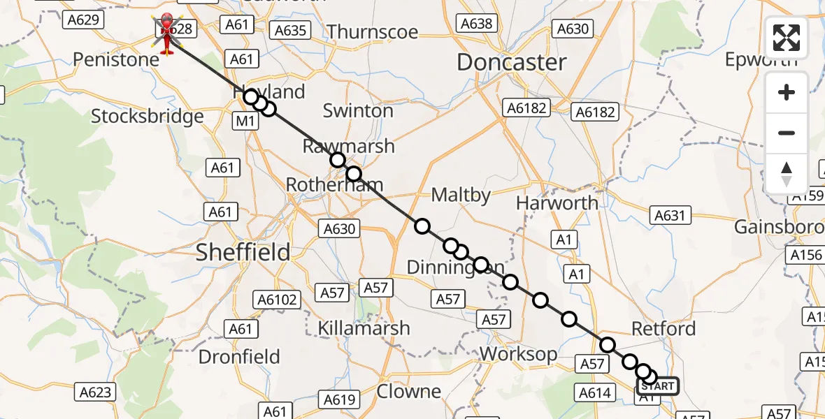 Flight route Air Ambulance Helicopter Retford Gamston Airport - Barnsley, 23 September 2026, 15:04