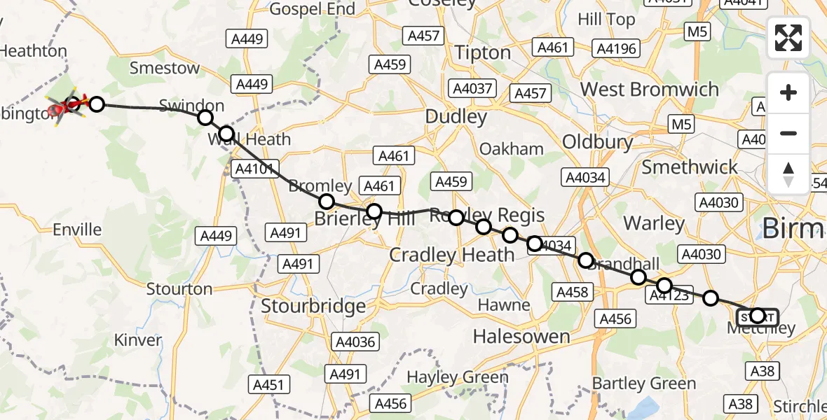 Flight route Air Ambulance Helicopter Queen Elizabeth Hospital Helipad - Wolverhampton Halfpenny Green Airport, 23 September 2026, 15:05