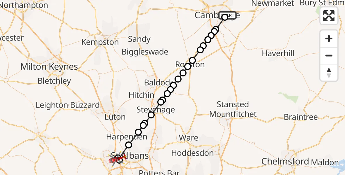 Flight route Air Ambulance Helicopter Cambridge City Airport - Bedmond, 23 September 2026, 15:19