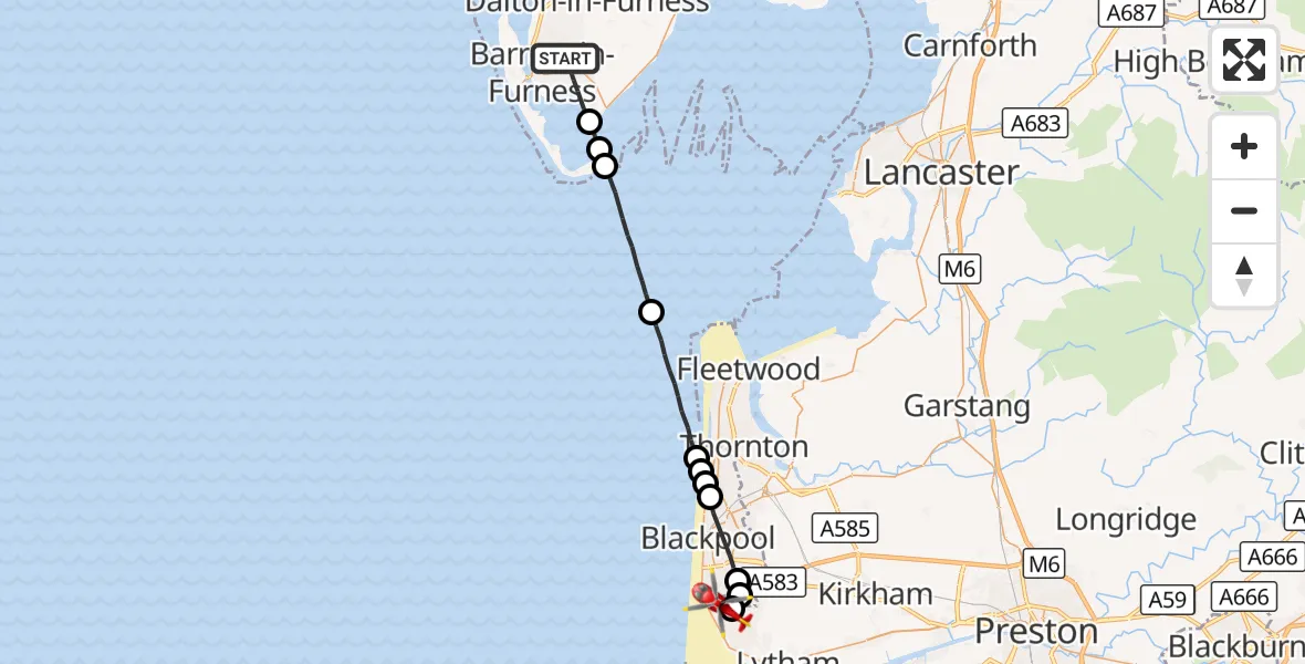 Flight route Air Ambulance Helicopter Barrow-in-Furness - Blackpool Airport, 23 September 2026, 15:21