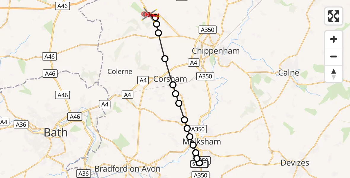 Flight route Air Ambulance Helicopter Wiltshire Air Ambulance - RAF Castle Combe, 23 September 2026, 15:32