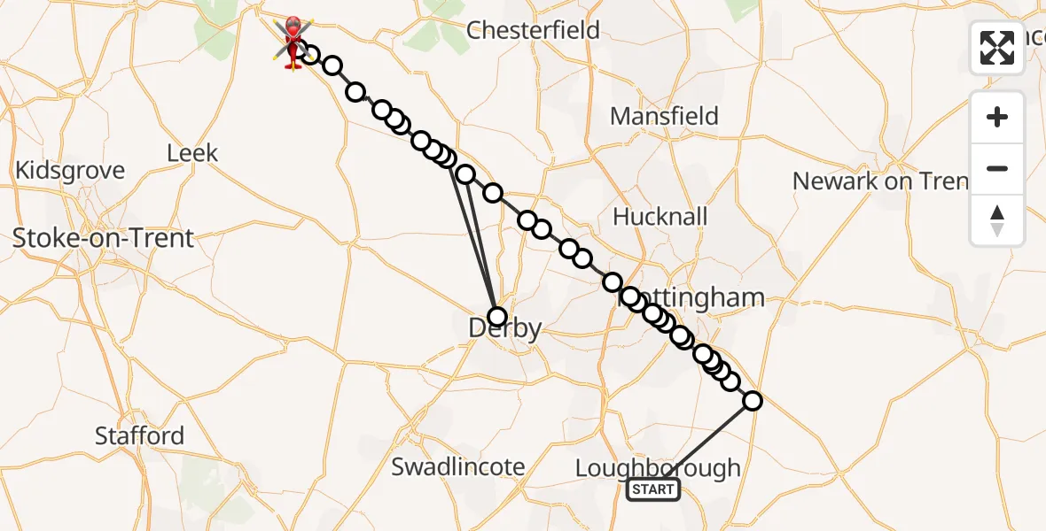 Flight route Air Ambulance Helicopter Woodthorpe - High Peak, 23 September 2026, 15:36