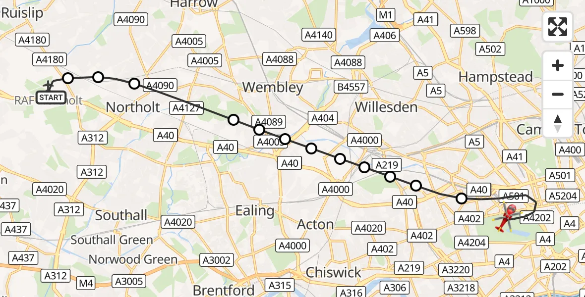 Flight route Air Ambulance Helicopter RAF Northolt - City of Westminster, 23 September 2026, 16:00